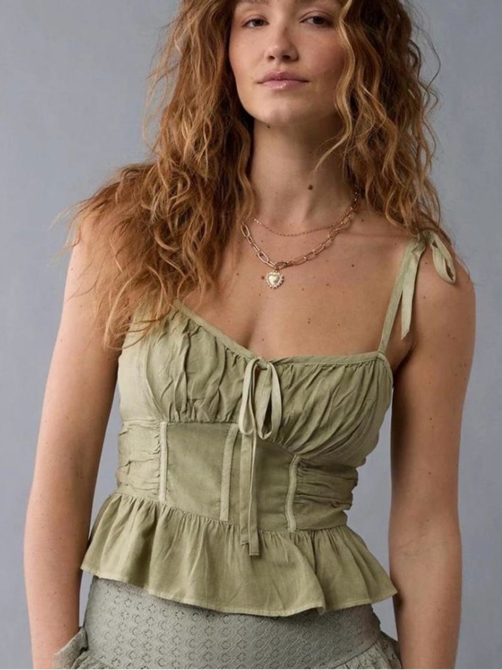 AE Light Sage Green Tie-Strap Ruffle Cami Corset Top